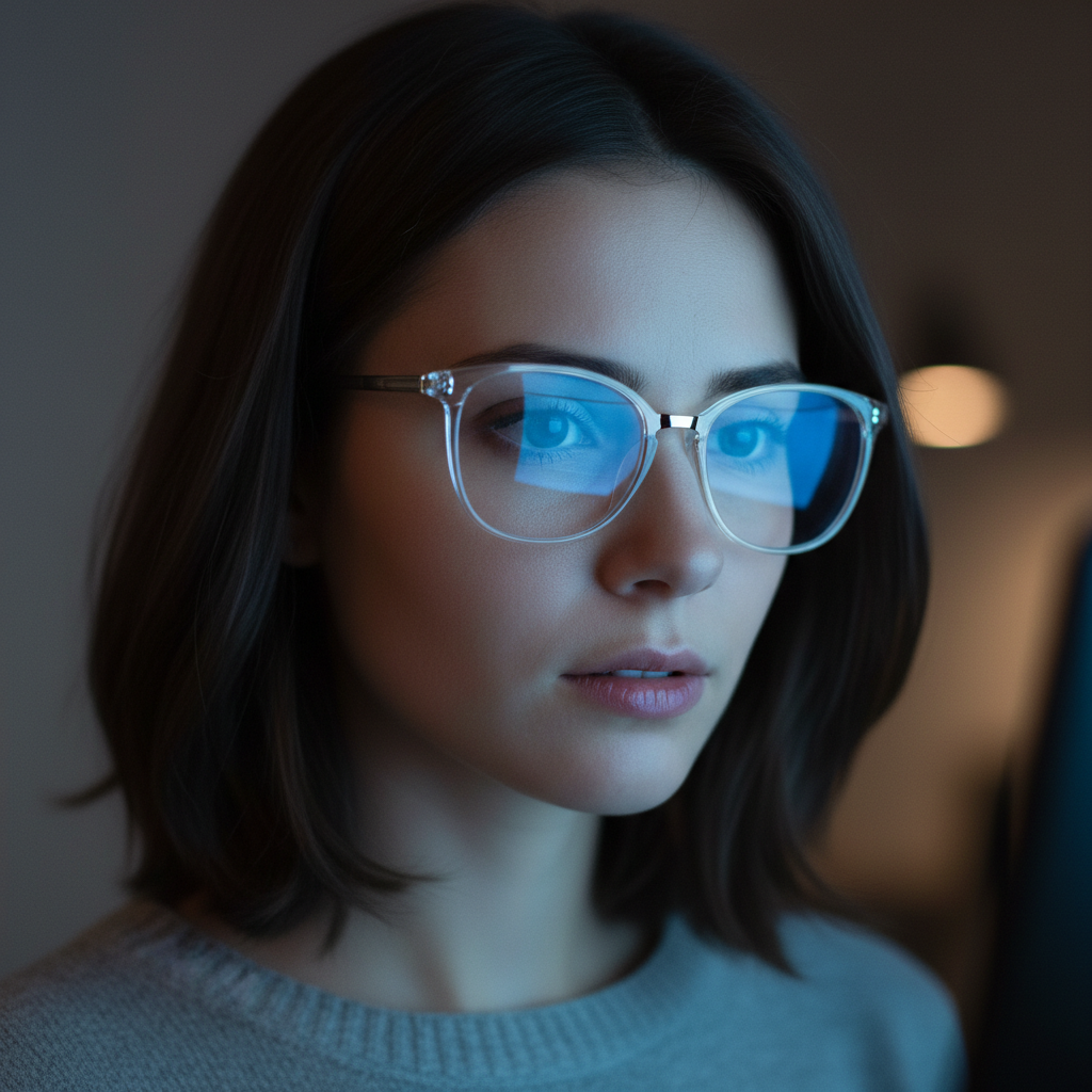 Occhiali davanti a monitor con luce blu